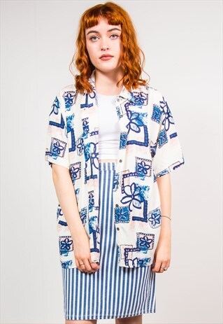 VINTAGE 90'S BLUE FLORAL PRINT SHORT SLEEVE SHIRT