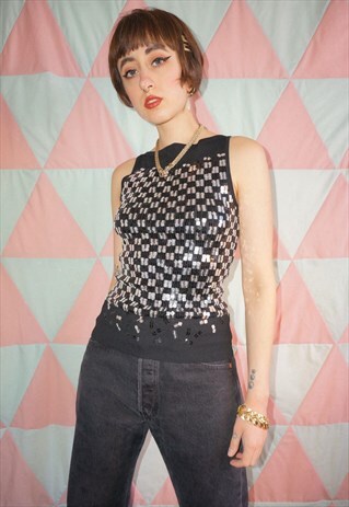 VINTAGE Y2K BLACK AND SILVER SQUARE CHECKED SEQUIN TANK TOP