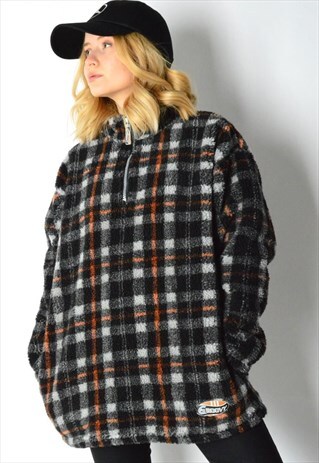 VINTAGE 90S GREY CHECK 1/4 ZIPPER THICK FLEECE JACKET