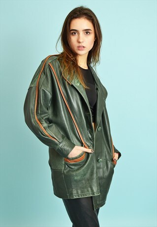 80'S RETRO DARK GREEN REAL LEATHER OVERSIZED MOM'S JACKET