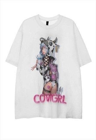 Cowgirl print t-shirt Anime tee Japanese retro top in white