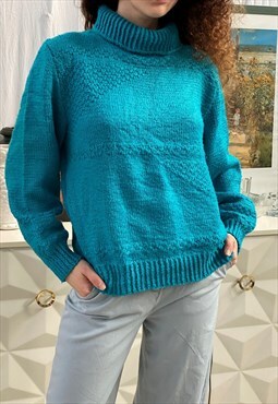 Vintage 80s turquoise handmade knit jumper sweater pullover