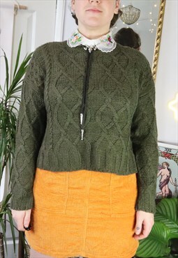Vintage Y2K Green Cable Aran Fisherman Knit Jumper Sweater