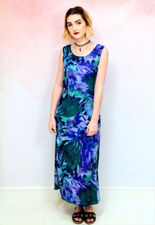 1980S VINTAGE PURPLE, BLUE AND GREEN FAUX CHIFFON MAXI DRESS