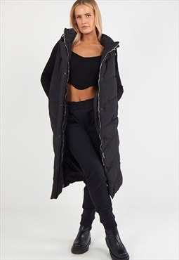 justyouroutfit Sleeveless Hooded Puffer Long Gilet Black