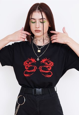 BLACK T-SHIRT WITH RED TRIBAL DRAGON PRINT Y2K 00S TOP