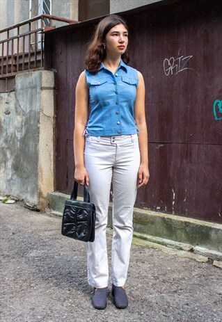 VINTAGE RETRO LIGHT GREY LOW WAIST FLARE JEANS TROUSERS