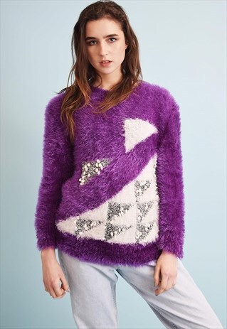 80'S RETRO FURRY FLUFFY ABSTRACT PRINT KNIT JUMPER TOP