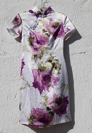 VINTAGE CHINESE STYLE FLORAL SATIN WHITE/LAVENDER DRESS
