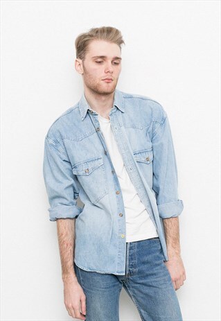 VINTAGE BLUE DENIM SHIRT AUTUMN BACK TO SCHOOL MENSWEAR
