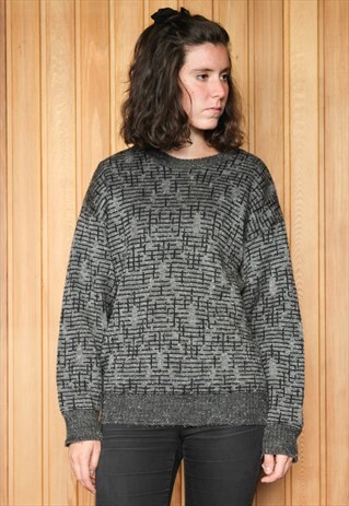 VINTAGE 1980S DARK GREY PATTERNED JUMPER