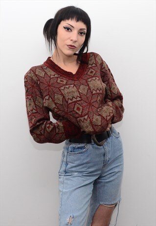 VINTAGE 90'S RED ABSTRACT PATTERNED SLOUCHY JUMPER