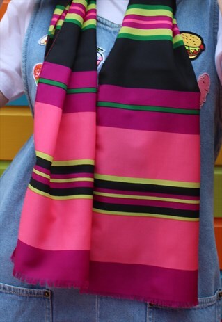 VINTAGE 70S PINK BLACK & GREEN STRIPED SCARF