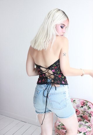 VINTAGE FLORAL SEQUINED LACE UP HALTERNECK TOP