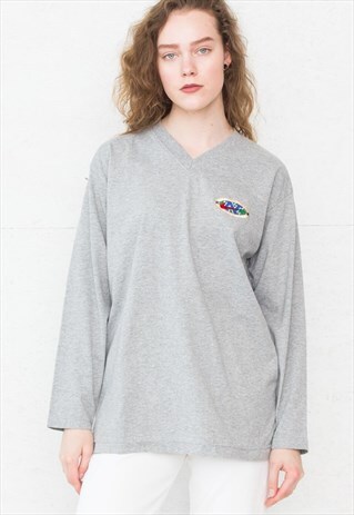 90S VINTAGE GREY NIKE LONG SLEEVE V-NECK TOP