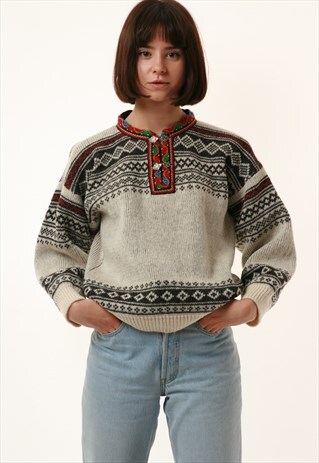 VINTAGE NORVEGIAN PATTERN WARM KNITTED JUMPER SWEATER 1129
