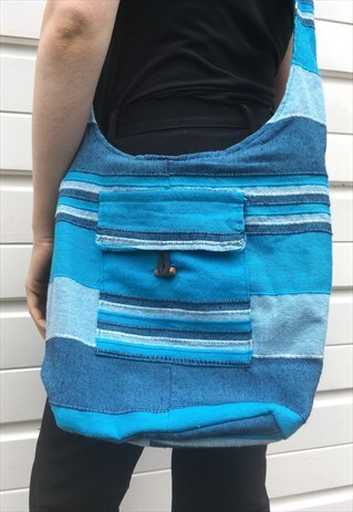 WOMENS VINTAGE FESTIVAL BOHO BLUE STRIPY SLING HAND BAG