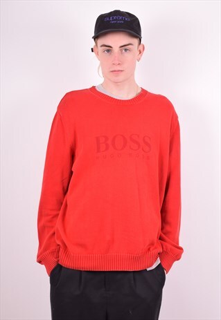 HUGO BOSS MENS VINTAGE JUMPER SWEATER LARGE RED 90'S