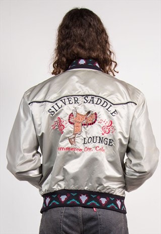 VINTAGE GREY WESTERN AZTEC BOMBER STYLE BASEBALL JACKET