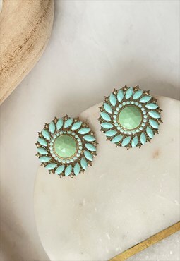 Turquoise Gold Round Studded Faux Stone Earrings