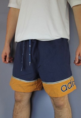 VINTAGE ADIDAS SHORTS IN NAVY AND ORANGE WITH POCKETS, PRINT
