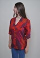 VINTAGE ABSTRACT BLOUSE, RED COLOR V-NECK BUTTON UP SHIRT
