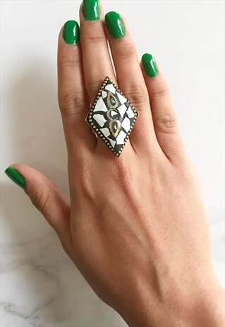 STATEMENT CHUNKY BIG RING WHITTE MOSAIC ADJUSTABLE GEOMETRIC