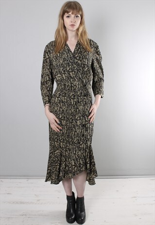 VINTAGE 80S BEIGE PATTERNED LONG WRAP DRESS