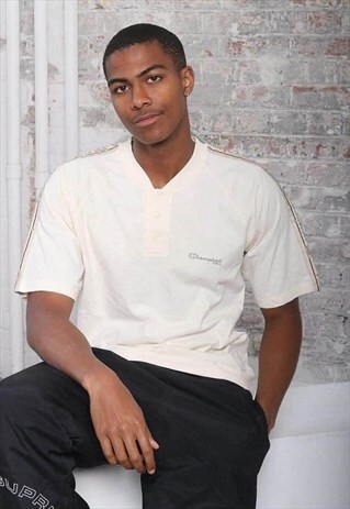 VINTAGE CHAMPION LOGO BUTTON UP T-SHIRT CREAM