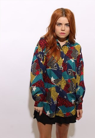 VINTAGE 1980'S 80'S OVERSIZE NOVELTY STAR PRINT BLOUSE OS