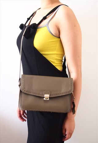 VINTAGE REAL LEATHER KHAKI CROSS BODY BAG
