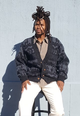 90S HERITAGE SKATER GRUNGE LUXURY GEOMETRIC WOOL CARDIGAN