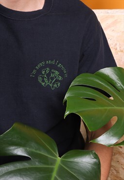 Vintage Rework Embroidery T-shirt Sexy Plant in Black