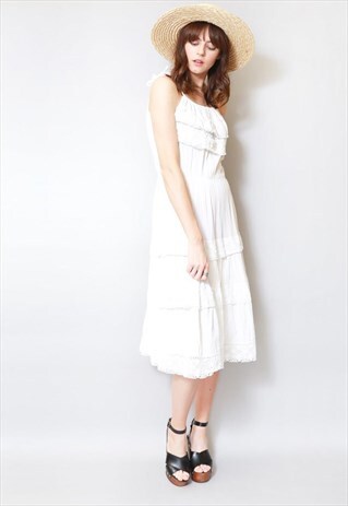 VINTAGE 1970'S WHITE TIERED FOLK MIDI DRESS
