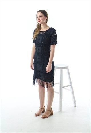 PARTY BLACK DRESS / SHORT SLEEVE CROCHET DRESS
