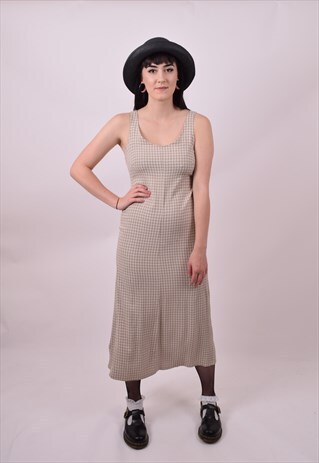 VINTAGE 90'S FULL LENGTH GINGHAM BEIGE DRESS SIZE 6 8 10
