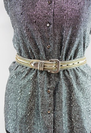 VINTAGE 80S SILVER & GOLD METAL WAIST BELT W/BUCKLE