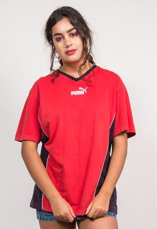 90'S VINTAGE V-NECK RED PUMA T-SHIRT