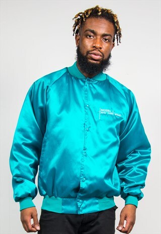 80'S RETRO TUQUOISE BLUE SHINY BOMBER BASEBALL JACKET