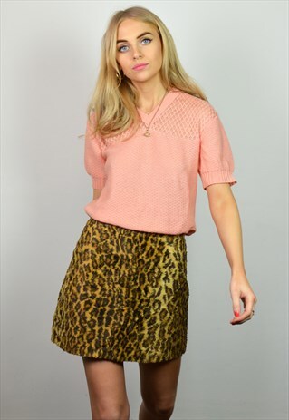 VINTAGE 70S PEACH PINK KNITTED SHORT SLEEVE TOP