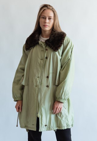 VINTAGE 80S JACKET IN GREEN WITH FAUX FUR COLLAR