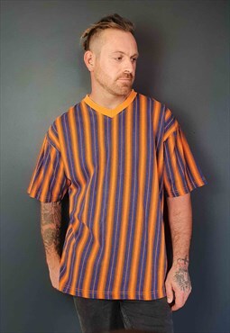 Mens Vintage 90's V-Neck Striped Orange & Blue T-Shirt  