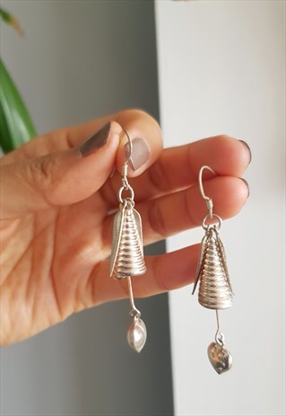 VINTAGE STERLING SILVER BELL AND HEART EARRINGS