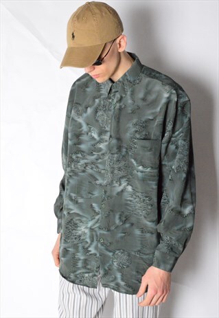 VINTAGE 90S KHAKI GREEN SILK LONG SLEEVE SHIRT
