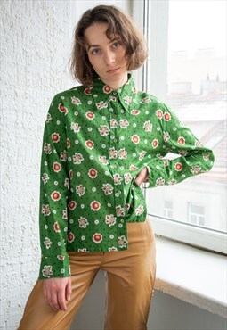 Vintage 70's Green Floral Print Thin Parisian Style Shirt