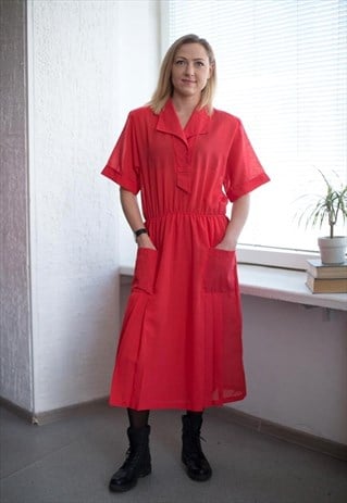 VINTAGE 80'S MIDI MINIMAL RED SHORT SLEEVED DRESS