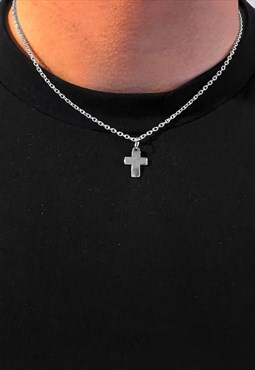 54 Floral 30" Small Chunky Cross Pendant Necklace - Silver