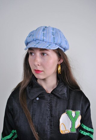 BLUE FLORAL EMBROIDERY NEWSBOY CAP, VINTAGE BOHO BERET, ONE