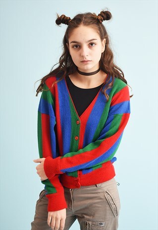 80'S RETRO STRIPED PATTERN COLOUR BLOCK KNIT CARDI