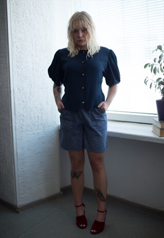 VINTAGE 80'S NAVY BLUE BUTTON UP BLOUSE